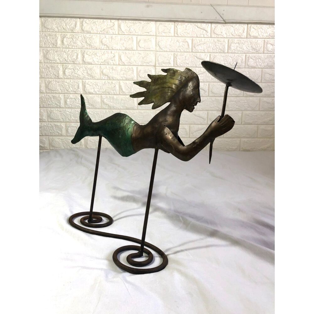 VtgY2K Metal Mermaid Candle Holder 16" Verdigris Patina Nautical Folk Art Statue - Picture 2 of 9